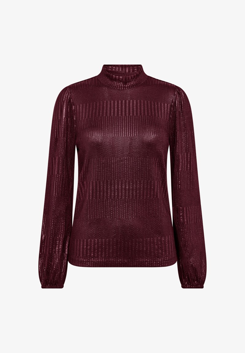 Bordeauxkleurig lang mouwen top met een opstaande kraag, geribbeld textuur en afwisselende verticale strepen, met een getailleerde silhouet.