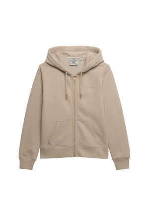 Felpa beige con cerniera, tasche frontali, cappuccio con coulisse, polsini a costine e logo ricamato sottile sul petto.