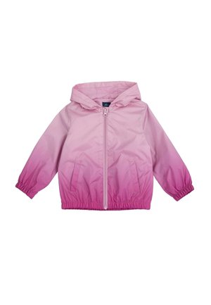 Giacca a vento rosa con design a gradiente, dotata di cappuccio, polsini elasticizzati, chiusura con zip frontale e due tasche laterali. Texture liscia.