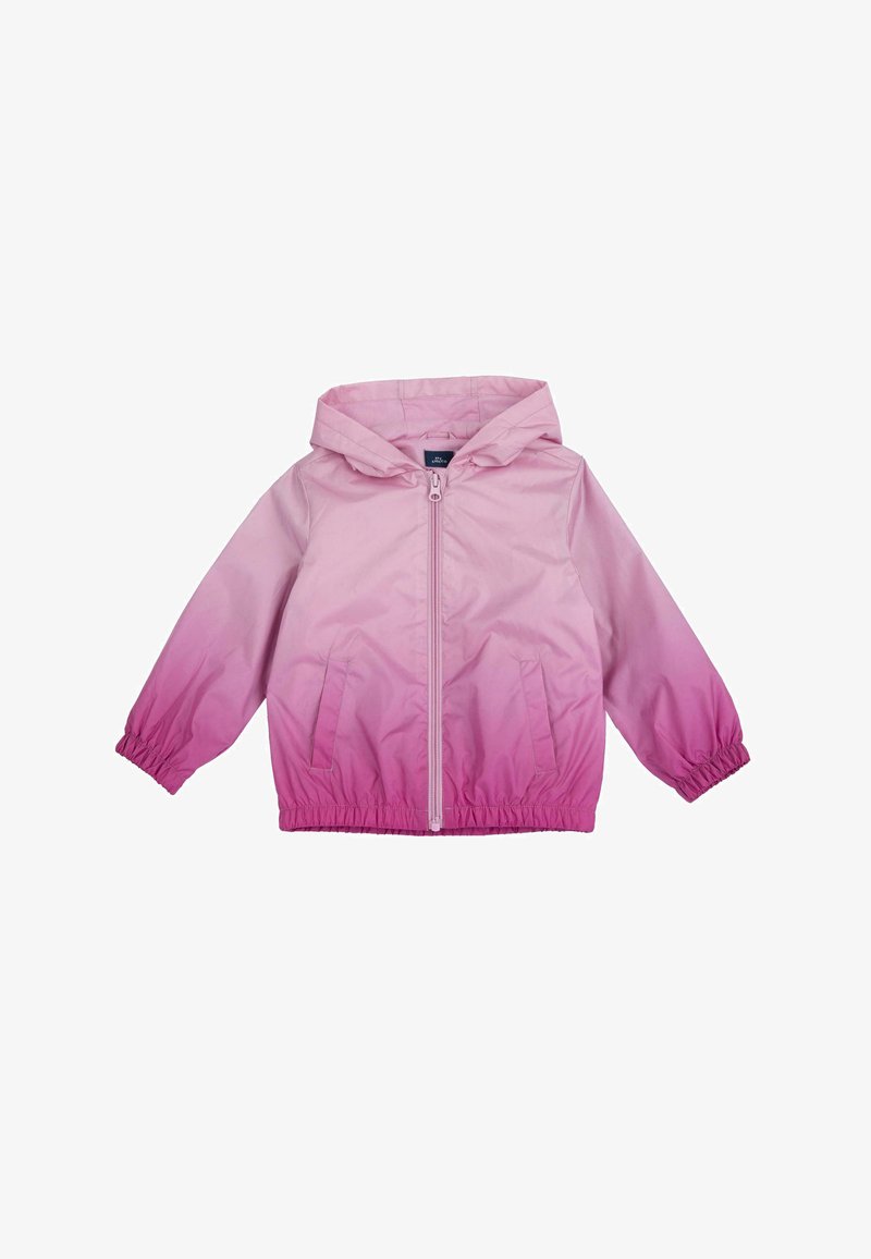 Rosa Windbreaker-Jacke mit einem Farbverlauf-Design, ausgestattet mit Kapuze, elastischen Bündchen, einem Reißverschluss vorne und zwei seitlichen Taschen. Glatte Textur.