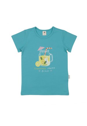 Blue short-sleeve t-shirt with a jar of lemonade, striped straw, and umbrella graphic, text "Lemonade season forever" on front.