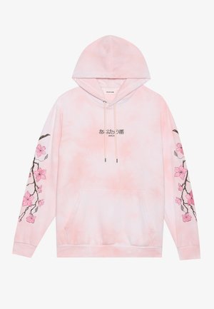Pink tie-dye hoodie featuring floral embroidery on sleeves, a front pocket, and drawstrings at the hood. Soft fabric texture.