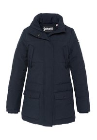 Chaqueta de invierno aislada de color azul marino con cuello alto, cierre frontal con cremallera y botones, cuatro bolsillos delanteros y logo de Schott en la etiqueta y la manga.