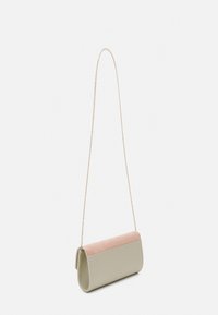 Borsa in pelle verde chiaro con una patta in suede rosa e una tracolla in catena dorata, caratterizzata da un design arrotondato e una base piatta.