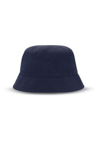 Marinblå bucket hat tillverkad av mjukt tyg, med rund topp, bred brätte och sömnadsdetaljer; inkluderar en liten broderad logotyp på sidan.