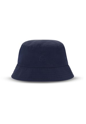 Marineblå bucket hat lavet af blødt stof, med en rund top, bred skygge og syede detaljer; inkluderer et lille broderet logo på siden.