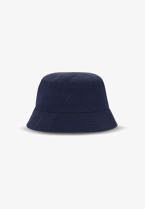 Tengerészkék, puha szövetből készült vödröskalap, kerek tetejével, széles karimájával és varrott részleteivel; az oldalon egy kis hímzett logó található.