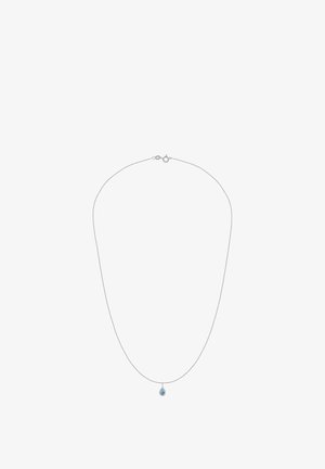 Silver chain necklace with a fine, sleek design featuring a small blue teardrop pendant. Smooth texture, minimalistic style.