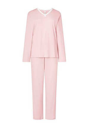 Conjunto de pijama rosa con mangas largas y pantalones, que presenta un patrón de espiga y un borde de encaje en el escote y los puños. Tejido suave y ligero.