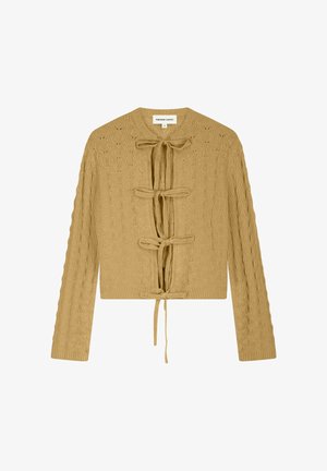 Lichtbruine gebreide cardigan met een getextureerd golfpatroon en vier voorstrikken, lange mouwen en geribde manchetten en zoom.