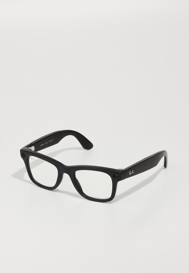 Black rectangular Ray-Ban eyeglasses with clear lenses on a white background, angled slightly to the right.