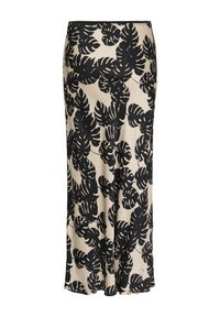 Fekete levélmintás krém alapon, ez a hosszú, testre simuló szoknya sima textúrával és enyhe bővüléssel rendelkezik a szegélyén.