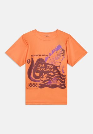 Orange short-sleeve shirt with purple graphic of leaves, waves, checkered flag, and text "ENDURA" and "FOR THE JOYRIDERS" on front.