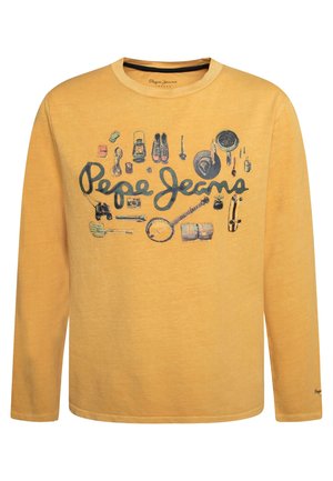 Żółta koszula z długim rękawem z napisem „Pepe Jeans” oraz ilustracjami vintage, takimi jak latarnia, buty, aparat, banjo i kapelusz z przodu.