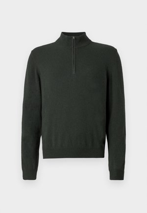 Sötétzöld, hosszú ujjú pulóver félig cipzáros gallérral, bordázott mandzsettákkal és derékkal, sima háttér előtt.