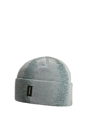 Graue gerippte Strickmütze mit umgeschlagenem Saum und schwarzem rechteckigem Ortovox-Markenetikett auf weißem Hintergrund.