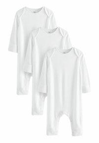 Trois grenouillères en coton blanc à manches longues, avec des encolures rondes et des pressions au bas. Texture douce et lisse, sans motifs.
