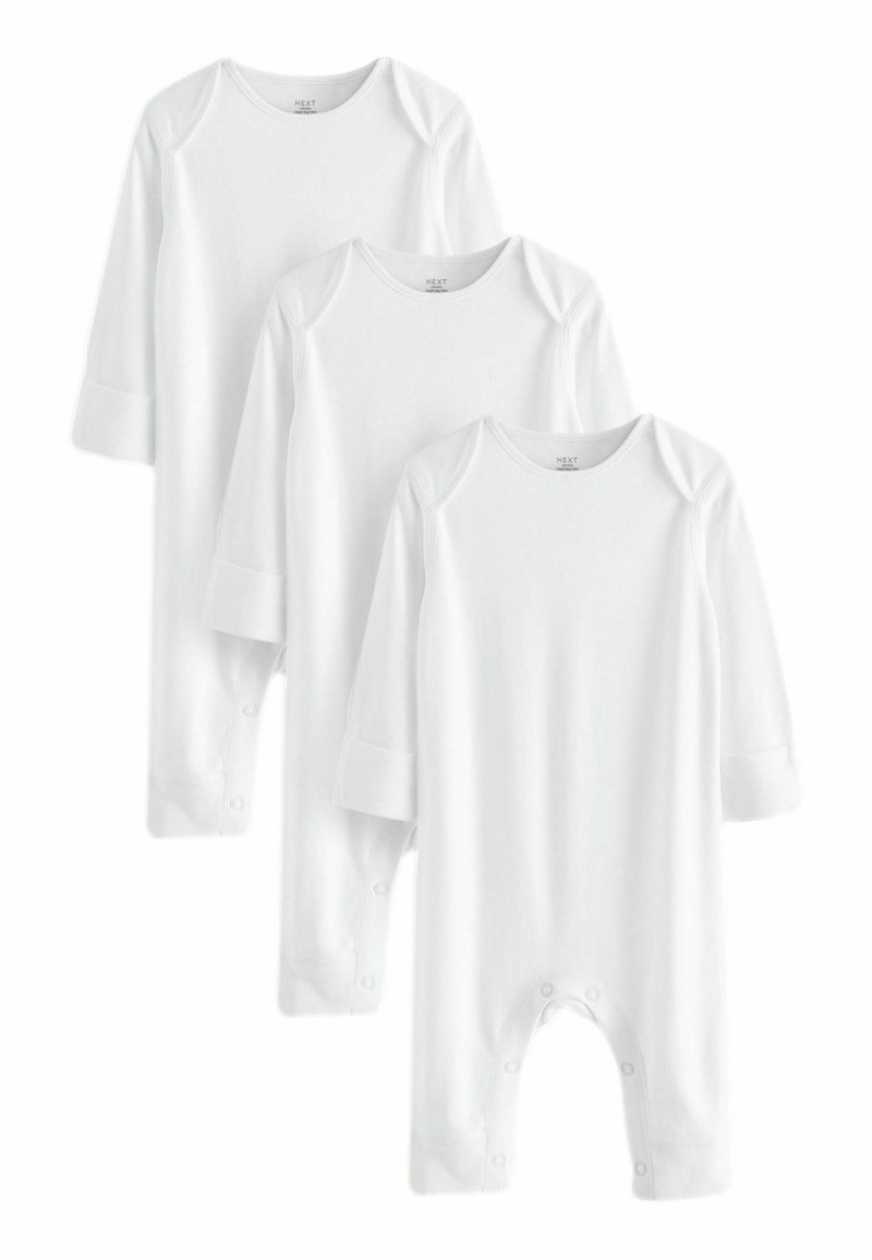 Trois grenouillères en coton blanc à manches longues, avec des encolures rondes et des pressions au bas. Texture douce et lisse, sans motifs.