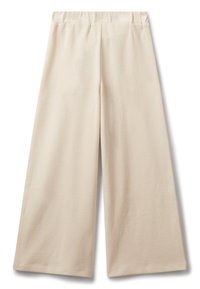 Beige weite Hose mit elastischem Bund, aus weichem, leicht strukturiertem Stoff, flach auf einem weißen Hintergrund gezeigt.