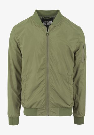 Oliven grønn bomberjakke laget av lett nylon, med glidelås foran, ribbestrikkede mansjetter og en glidelåslomme på ermet.