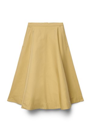 Beiger A-Linien-Midirock mit seitlichen Taschen, abgesteppten Paneeldetails und einem verdeckten Reißverschluss am Bund.