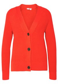 Czerwony sweter z dzianiny z dekoltem w serek, długimi rękawami i ciemnymi guzikami. Posiada prążkowaną fakturę i luźny krój.