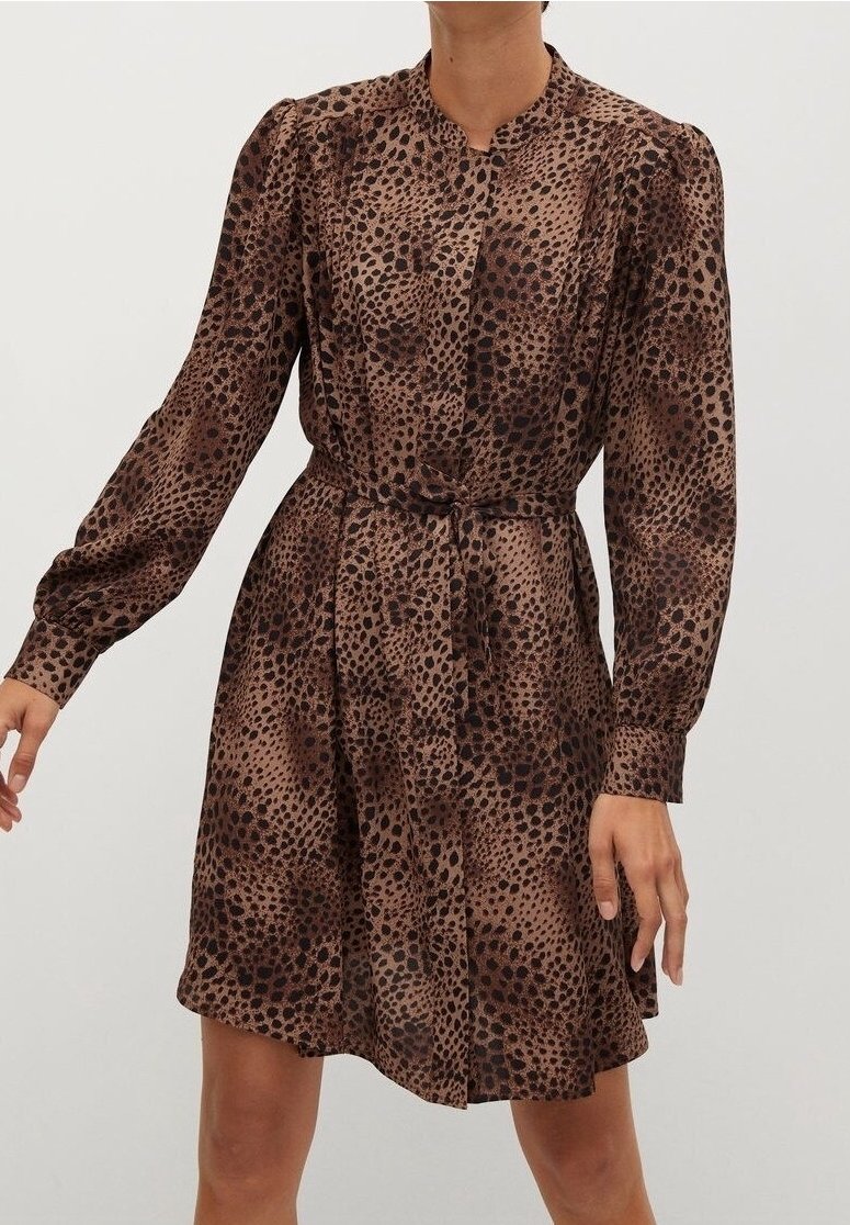 Robe marron à imprimé léopard avec manches longues, devant boutonné et taille ceinturée. Texture douce et silhouette fluide.