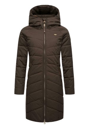 Bruine, knielange pufferjas met een capuchon, voorzien van een voorrits, zijzakken en een ruitpatroon in de quilting.