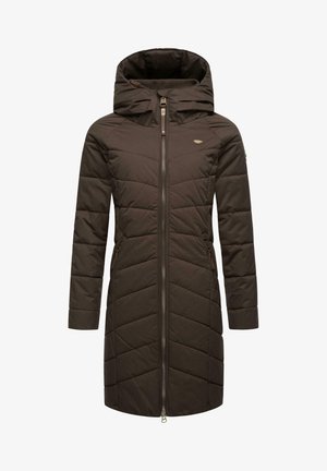 Brown, knee-length puffer coat with a hood, featuring a front zipper, side pockets, and diamond-patterned quilting.