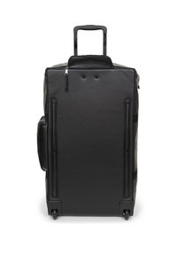 Valigia nera con ruote di forma rettangolare, realizzata in materiale resistente. Dotata di manico telescopico e tasca laterale con zip.