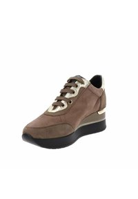 Sneaker in suede marrone con linguetta imbottita, accenti in oro metallico, dettagli testurizzati e suola a zeppa per un'altezza aggiuntiva.