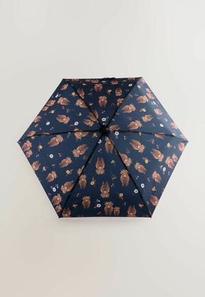 Navy blue umbrella featuring a floral pattern with orange-brown flowers and small colorful accents. Eight-panel design with smooth texture.