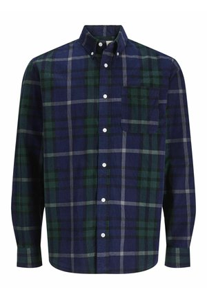 Chemise à boutons avec un motif écossais bleu marine et vert, confectionnée dans un tissu doux, dotée d'une poche poitrine unique et d'un col traditionnel.