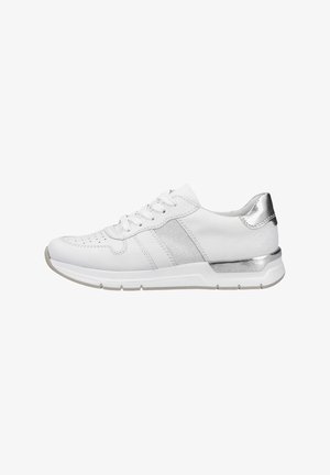 White athletic shoe with a smooth leather upper, silver accents, mesh side panels, round toe, and rubber sole with a slight elevation.