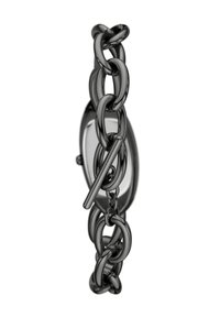 Schwarze Metallarmbanduhr mit einem massiven Kettenarmband, das große ovale Glieder hat, und einem schlanken, ovalen Zifferblatt mit einem Schiebeschloss.