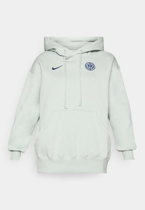 Sweatshirt verde claro com um grande bolso frontal, cordão e punhos canelados. Apresenta um logo da Nike em azul e um emblema circular azul no peito.
