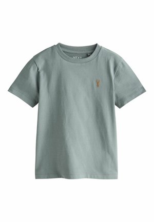 Hellgrünes Baumwoll-T-Shirt mit kurzen Ärmeln und rundem Hals. Verfügt über eine kleine goldene Hummer-Stickerei auf der Brust.