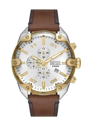 Montre chronographe avec cadran blanc, boîtier or et argent, bracelet en cuir marron, index dorés, trois sous-cadrans, fenêtre date, indiquant 2:09:38.