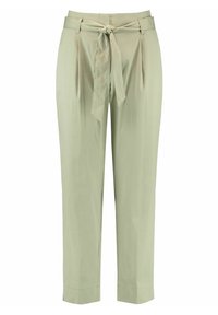 Jasnozielone dopasowane spodnie z wiązaniem w talii, prostym kroju nogawki i fałdami z przodu. Gładki, lekki materiał bez widocznych wzorów.