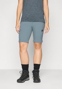Pantaloni corti sportivi grigi con tasca laterale e orli arrotolati, abbinati a stivali da escursionismo neri e calze corte nere. Maglietta grigia con texture.