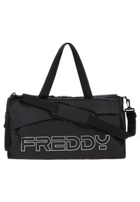 Bolsa de deporte de nylon negra con dos asas y una correa de hombro desmontable. Presenta un gran logo blanco y múltiples compartimentos con cremallera.