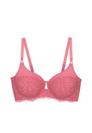 Pink lace underwire bra with adjustable straps and floral pattern, featuring a small front center clasp and scalloped lace trim.