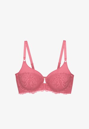 Pink lace underwire bra with adjustable straps and floral pattern, featuring a small front center clasp and scalloped lace trim.