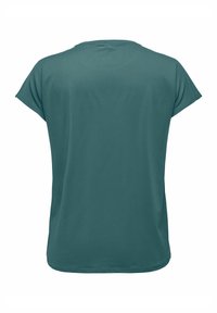 Σκούρο τιρκουάζ κοντομάνικο T-shirt με στρογγυλή λαιμόκοψη, λεία υφή και άνετη εφαρμογή. Διαθέτει ευθεία ραφή στο τελείωμα και διακριτικό λογότυπο στην πλάτη.