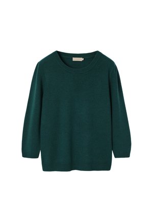 Sötétzöld, hosszú ujjú, kerek nyakú kötött pulóver fehér háttéren kiállítva.