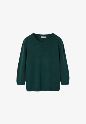 Sötétzöld, hosszú ujjú, kerek nyakú kötött pulóver fehér háttéren kiállítva.