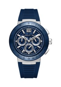 Orologio cronografo blu con quadrante testurizzato, dettagli argento, indicatore della data alle 12, e cinturino in gomma blu. Presenta una lunetta tachimetrica.