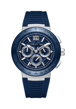 Blue chronograph watch with a textured dial, silver accents, date display at 12 o'clock, and a blue rubber strap. Features tachymeter bezel.