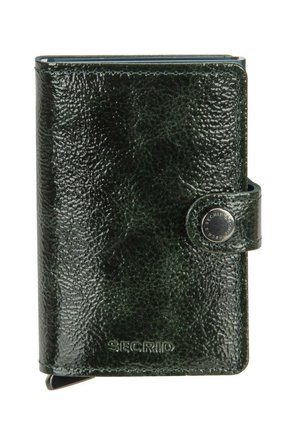 Kompakte dunkelgrüne Geldbörse aus strukturiertem Leder mit Druckknopfverschluss und geprägtem "SECRID"-Logo auf der Vorderseite.