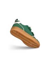 Green fabric sneaker with dual hook-and-loop straps, white accents, and a textured gum sole. Features a geometric design on the side.